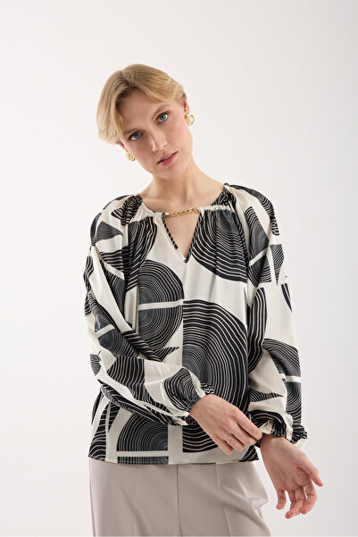 Moda Days Bluză de damă din satin, neagră, auriu, cu cu accesoriu tip lanț ba...