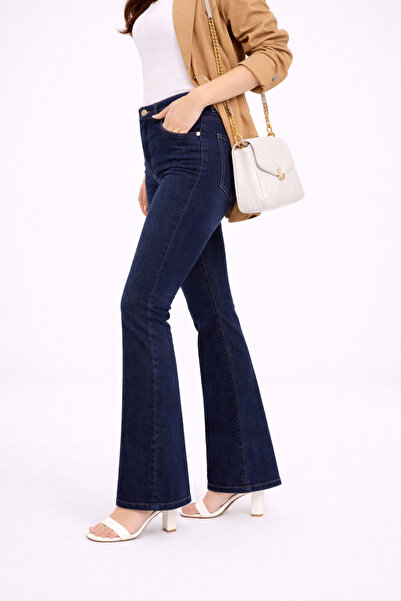 TRUEJNS Zarina Women's Dark Blue High Waist Lycra Spanish Leg Trend Flare Jean