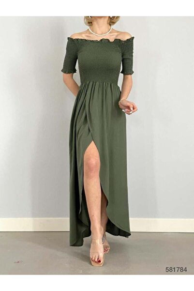 Modafeminen فستان طويل بتفاصيل ياقة هاكي مادون وشق جانبي 581784