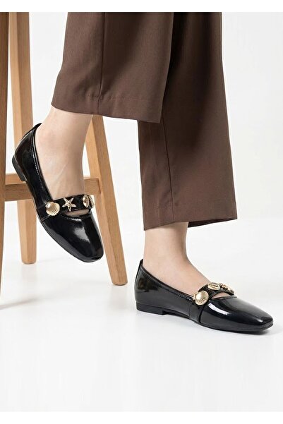 Nstil Daily Women's Black Ballerina Flats with Straps and Gold Buckle, Silent...