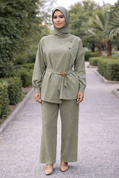 W WARGA Kruvaze Kolu Volanli Buckle-Attached Tunic with Pants Suit