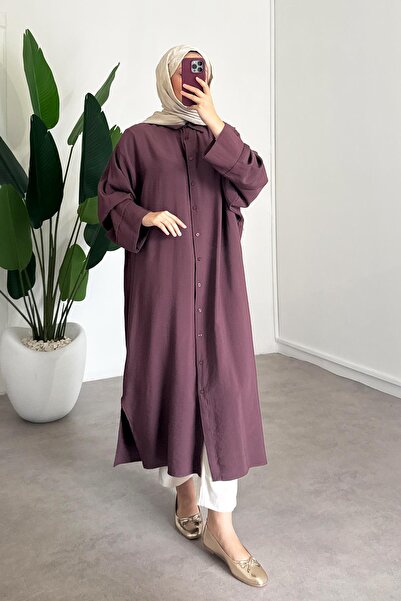 SİNDAL Tensel Uzun Gömlek Elbise - Mürdüm