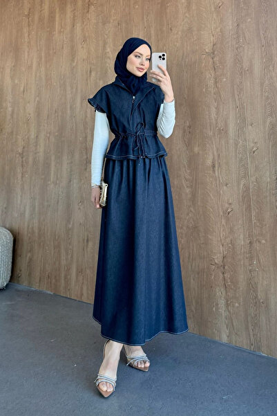 Hazamoda Ezoş Yekeli Denim Suit Navy Blue