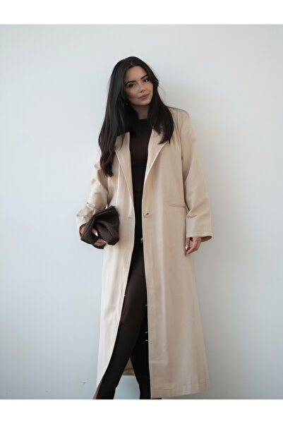 My Blog Beige Gabardine Trench Coat with 4 Buttons on the Back and Padded Sli...