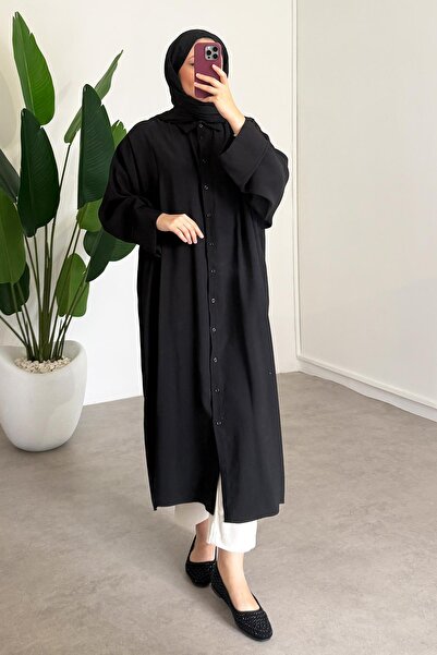 SİNDAL Tensel Uzun Gömlek Elbise - Siyah