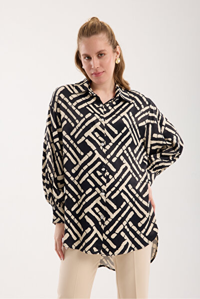 Moda Days Γυναικείο ασύμμετρο σατέν πουκάμισο με μαύρα πέτρινα κουμπιά Με σχέδιο