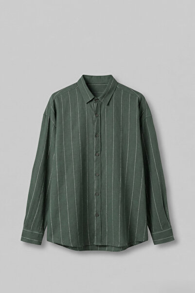 ablukaonline Men's Oversize Striped Linen Long Sleeve Shirt Khaki