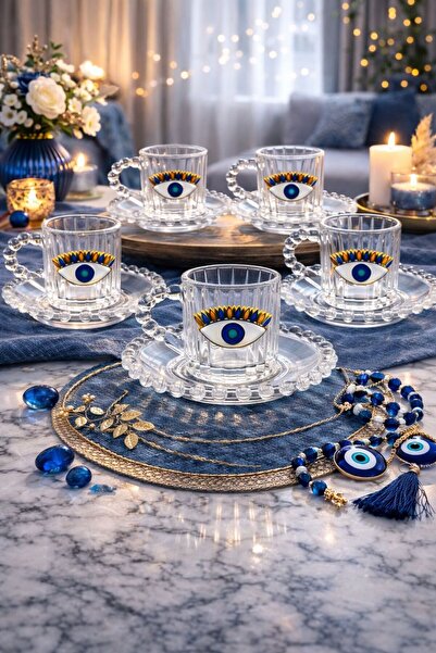 YzHome 6 Kişilik Cam Boncuk Modelli Nazar Göz Kahve Fincan Takımı Seti 100ml