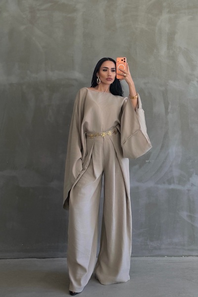 OKSOCOLLECTİON İthal Kumaş Yarasa Kol Bluz Pileli Palazzo Takım