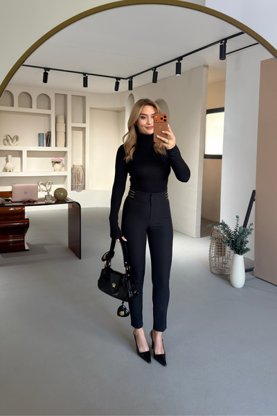 Sezgi Tekin Black Fit Pants with Zipper Detail and Three Buttons