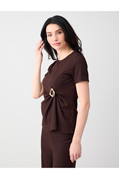 Jimmy Key Bitter Brown Crew Neck Short Sleeve Knitted Blouse with Drawstring ...