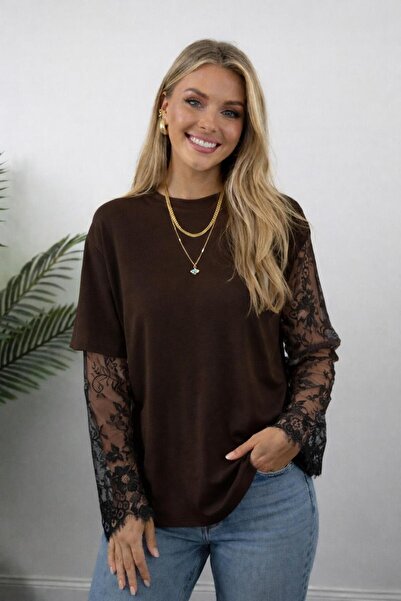 Mine Tan Butik Bluză din bumbac cu detaliu mânecă din dantelă - Maro