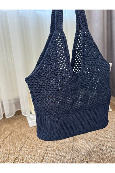 megetasarım El Yapımı Makrome Örgü Kadın Omuz Çantası – Lacivert Hasır Model