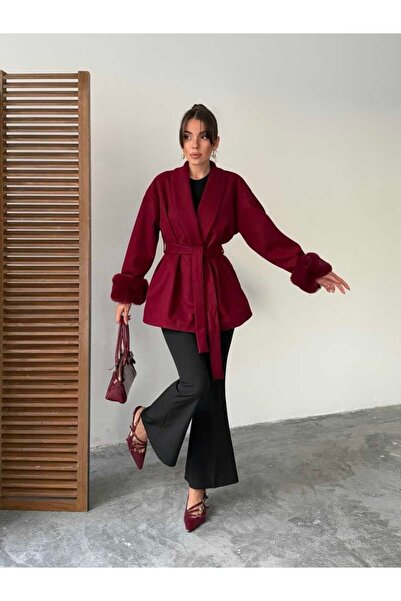 Maxi modena Fur detailed belted women's jacket