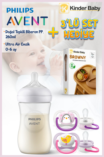 Philips Avent Doğal Tepkili PP Biberon 260 ml + 0-6 Ay Air Emzik + Beslenme S...