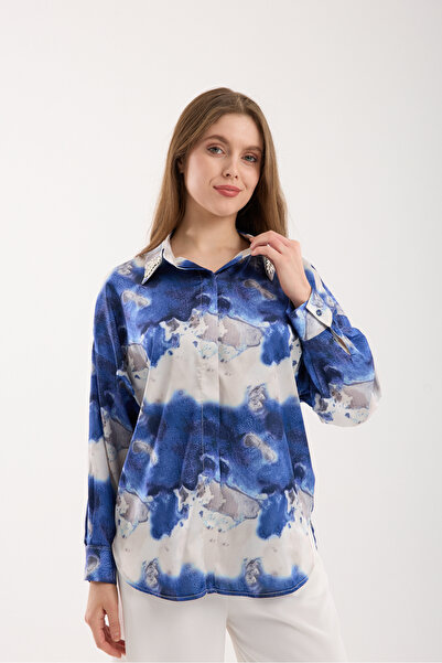 Moda Days Жіноча сорочка з синім коміром, прикрашена камінням, з прихованою з...