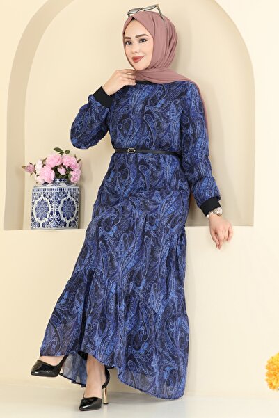 ModaMerve Baskı Detaylı Şifon Elbise 6803ORG1169-MS Saks