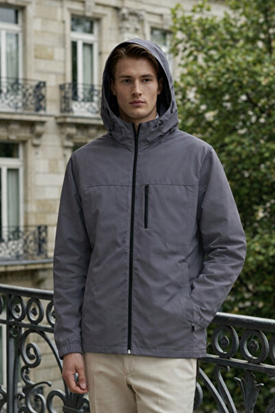 DAMGA JEANS Ανδρικό αδιάβροχο με ρίγες και επένδυση, σε στυλ καπνιστού χρώματος