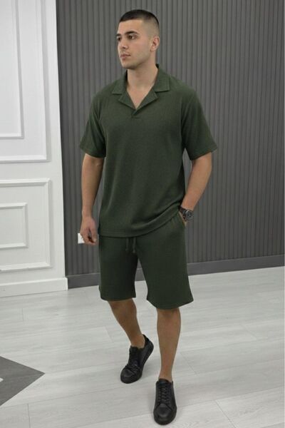 NO 601 Men's Green Wrinkled Fabric Polo Collar Short Sleeve Short Tshirt Set