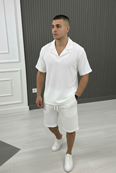 NO 601 Men's White Wrinkled Fabric Polo Collar Short Sleeve Short Tshirt Set
