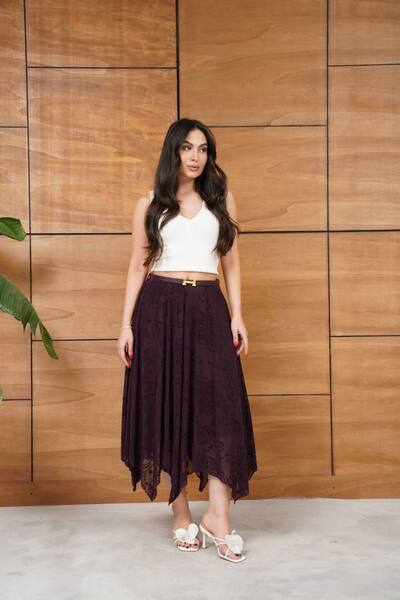 MODA DURAĞI Kemerli Flok Desen Tül Etek