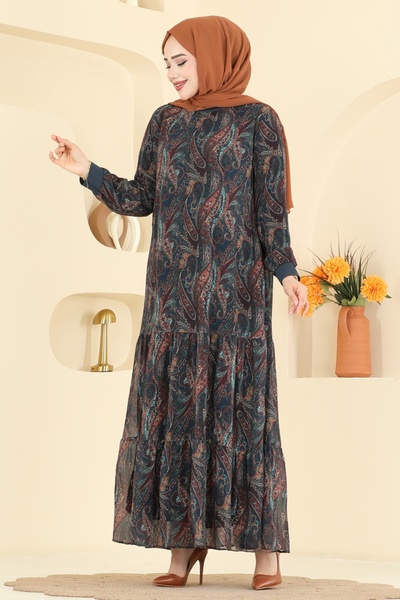 ModaMerve Baskı Detaylı Şifon Elbise 6803ORG1169-MS Petrol