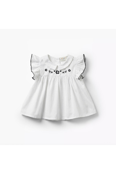Juniors Peter Pan Collar Ruffle Cap Sleeves Top with Floral Embroidery