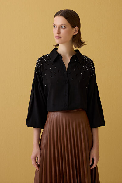 Jus De Pommes SİYAH TAŞ İŞLEMELİ BALON KOLLU KADIN GÖMLEK