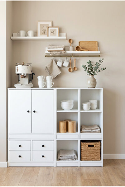 FOR WOMAN DESİGN Ahşap Mutfak Konsol Dolabı Kahve Köşesi 2 Kapak 4 Çekmeceli ...