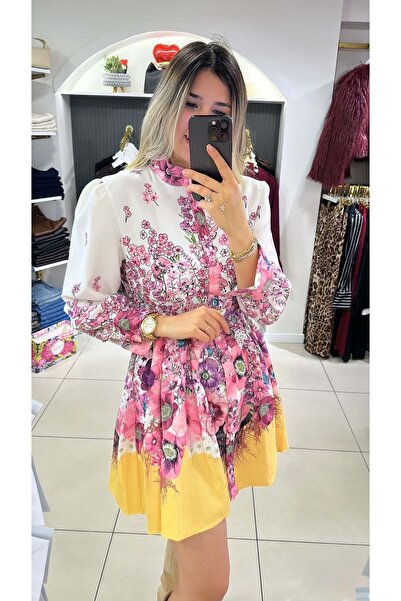 HandeButik Kadın Kemerli Pembe Elbise