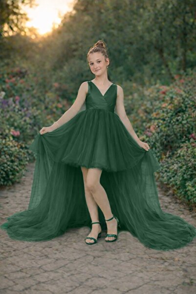 nsmkidslife Κοριτσίστικο Σμαραγδί Πράσινο Φόρεμα με κοντό μπροστινό μέρος και...