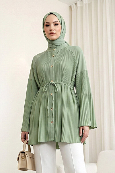 MODAQU Lace-Up Tunic Shirt with Pleated Front and Sleeves - Light Green