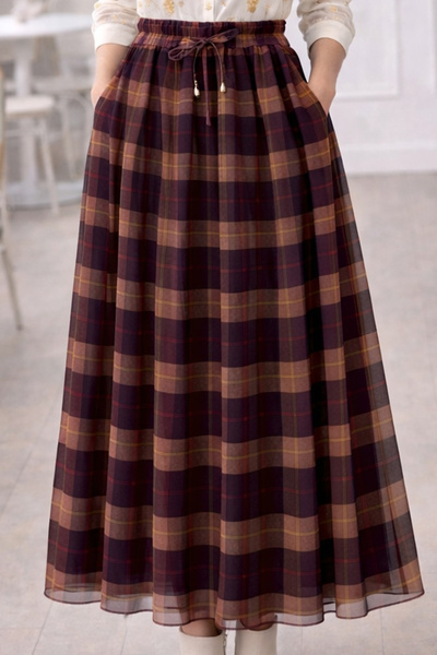 benguen Plaid Chiffon Skirt A606216 Plum