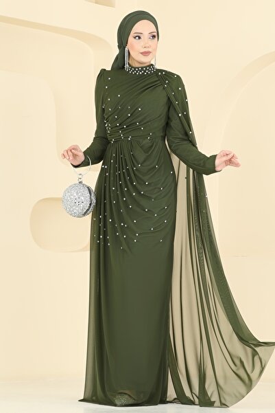 ModaMerve Taşlı Pelerinli Tül Abiye 5736EDF311-MS Haki