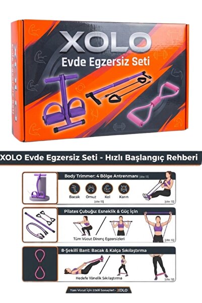 xolo 3’lü Evde Egzersiz Seti Pilates Çubuğu Body Trimmer Karın Aleti 8 Şekill...