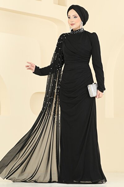 ModaMerve Taş Detaylı Tül Abiye 5737EDF311-MS Siyah