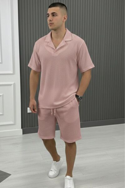NO 601 Men's Pink Wrinkled Fabric Polo Collar Short Sleeve Short Tshirt Set