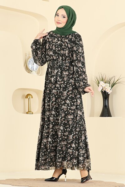 ModaMerve Çiçek Baskılı Tül Elbise 5750EDF311-MS Siyah
