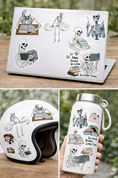 Limitless Design İskelet Sticker Set 22x30 cm – Book Lover & Gym Tasarımlı Bü...