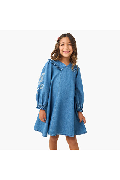 Juniors Embroidered Frill Denim Dress with Collar