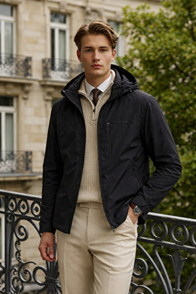 DAMGA JEANS Men's Striped Trendy Lined Black Raincoat