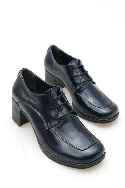 GNS Shoes Cordon Genuine Leather Navy Blue Patent Leather Thick Heeled Women'...