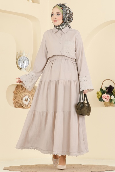 ModaMerve Güpür Detaylı Etekli Takım 328ASN888-MS Taş