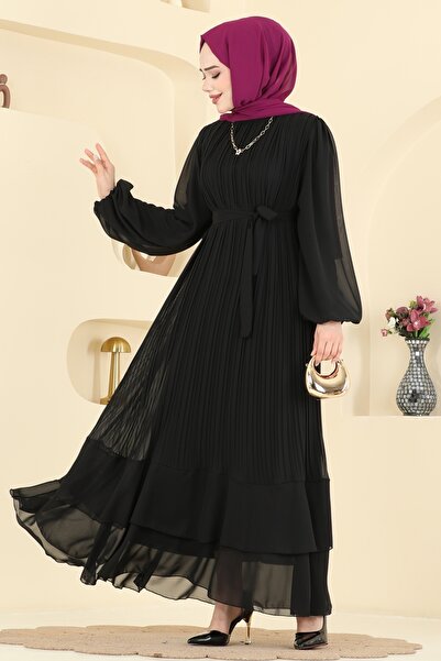 ModaMerve Piliseli Kuşaklı Şifon Abiye 5751EDF311-MS Siyah