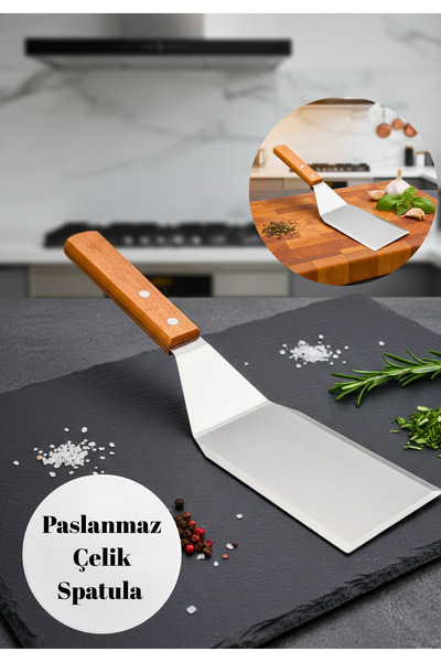 BRE HOME Ahşap Saplı Paslanmaz Çelik Spatula – Izgara, Burger ve Et Spatulası...