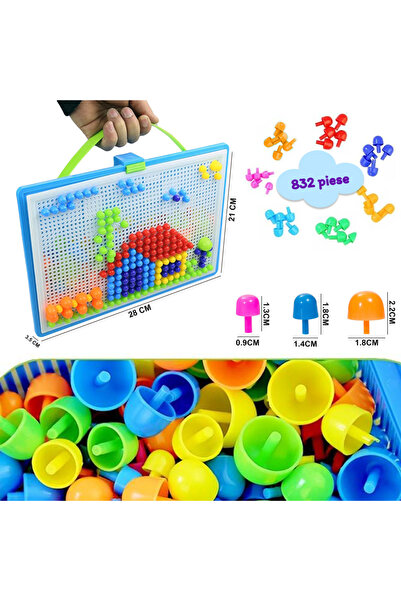 RCO Joc mozaic cu pioneze multicolore si cutie de depozitare din plastic, 832 piese in trei dimensiuni