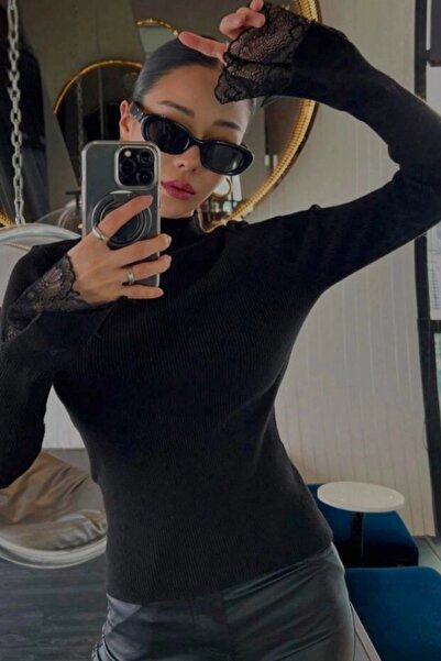 Lusin Women's Black Half Turtleneck Lace Sleeve Detailed Ribbed Knitwear Blou...