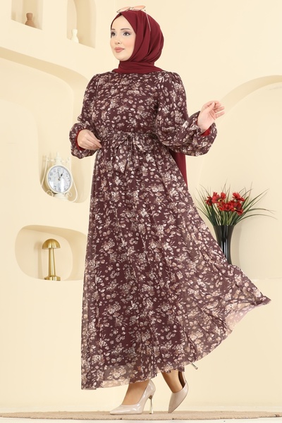 ModaMerve Çiçek Baskılı Tül Elbise 5750EDF311-MS Bordo