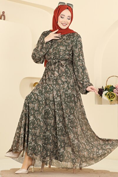 ModaMerve Çiçek Baskılı Tül Elbise 5750EDF311-MS Haki