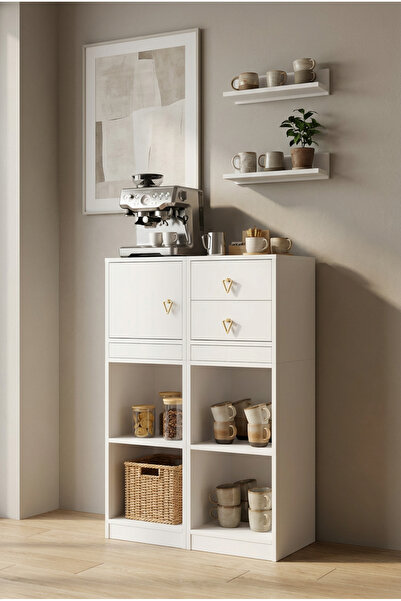 FOR WOMAN DESİGN Ahşap Çok Amaçlı Dolap 1 Kapak 2 Çekmeceli Modern Düzen Gold...